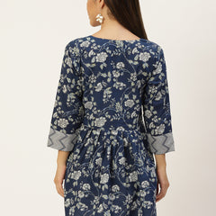 Women Blue & White Collared Printed Flared Kurti