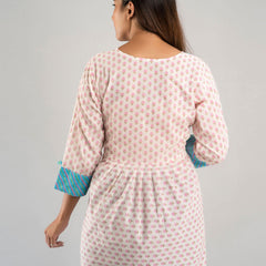 Women White & Pink Cotton Printed A-Line Kurti