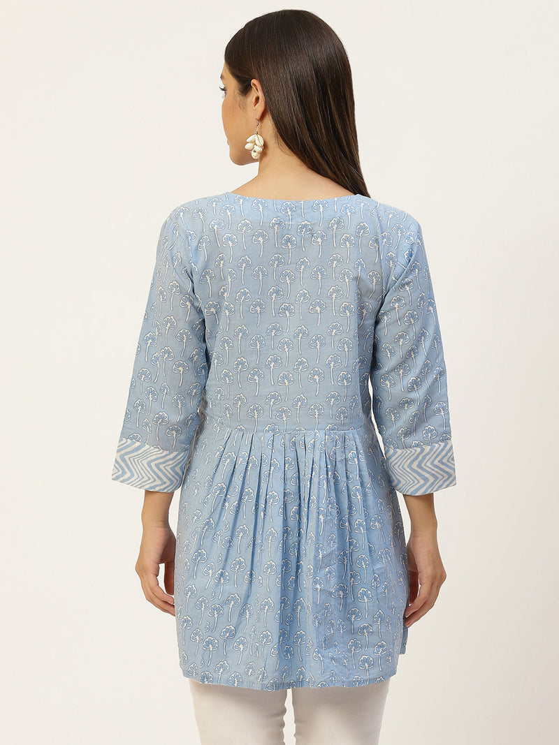 Women Light Blue Collared Printed Flared Kurti