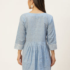Women Light Blue Collared Printed Flared Kurti