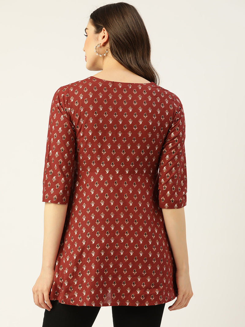 Cotton Printed Red Short Kurti Tunic