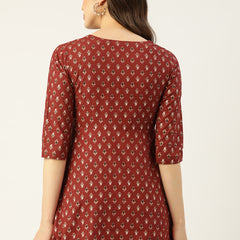 Cotton Printed Red Short Kurti Tunic