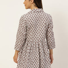 Women White Collared Printed Flared Kurti