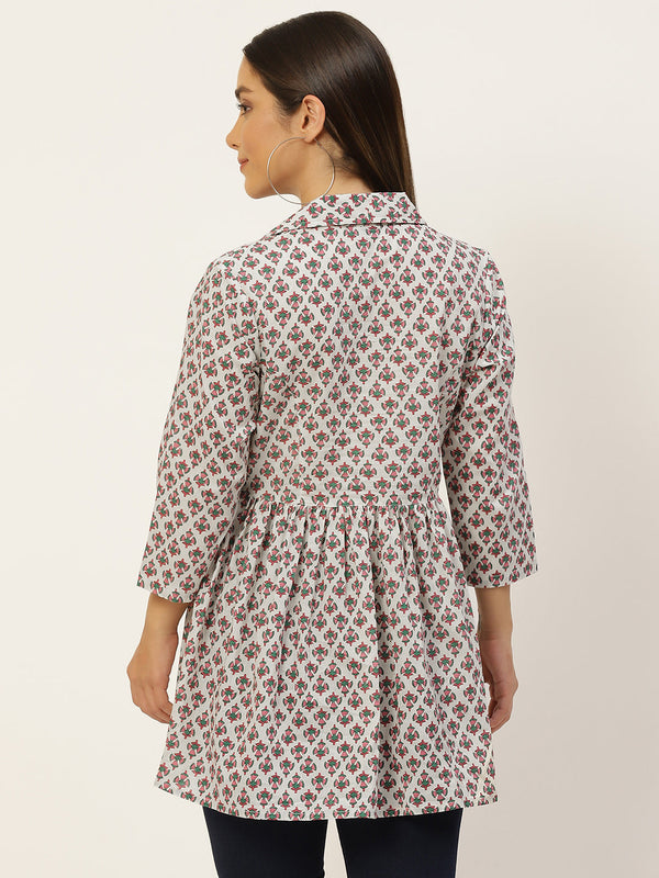Women White Collared Printed Flared Kurti