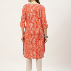 Women Orange Leheriya Yoke Design Cotton Kurti