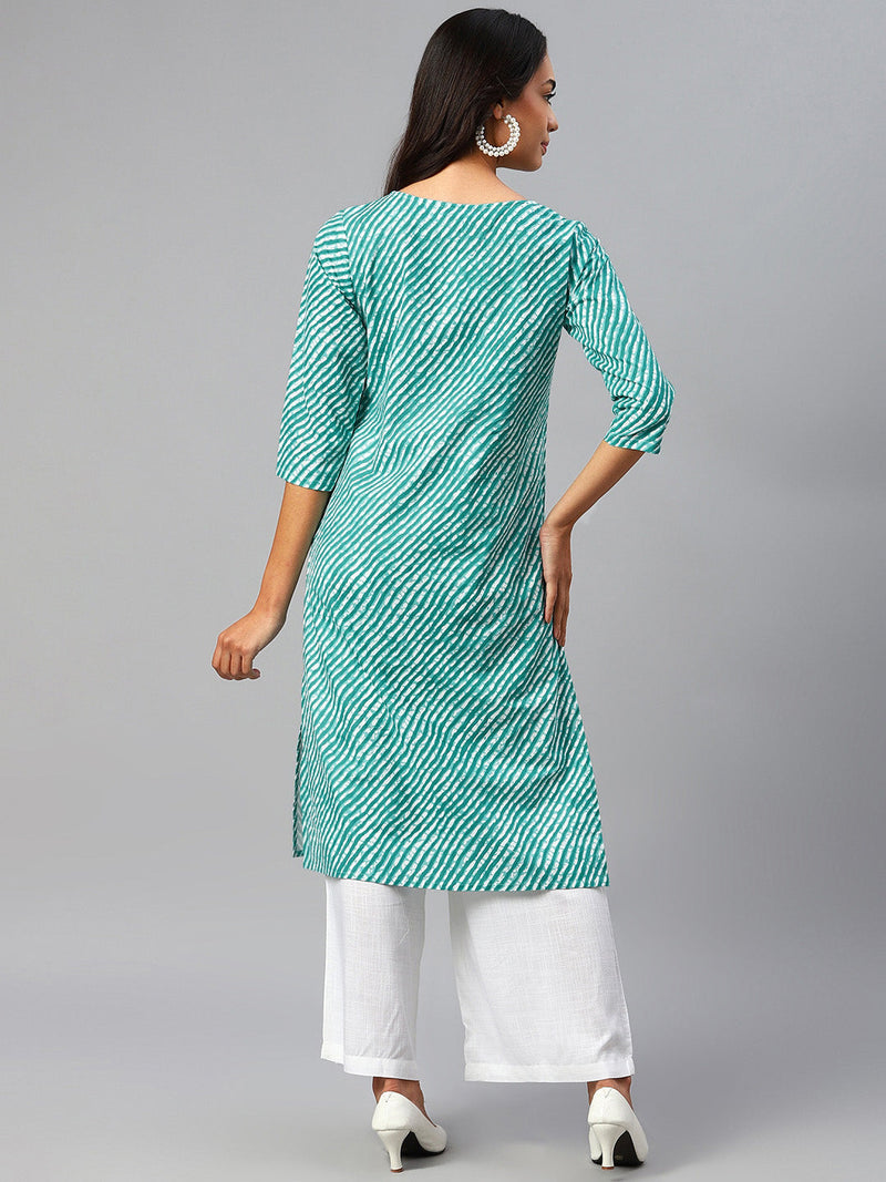Women Green Leheriya Yoke Design Cotton Kurti