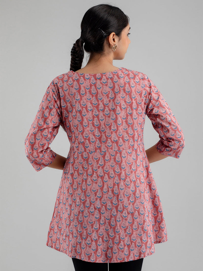 Floral Printed V-Neck Pure Cotton Angrakha A-Line Kurti