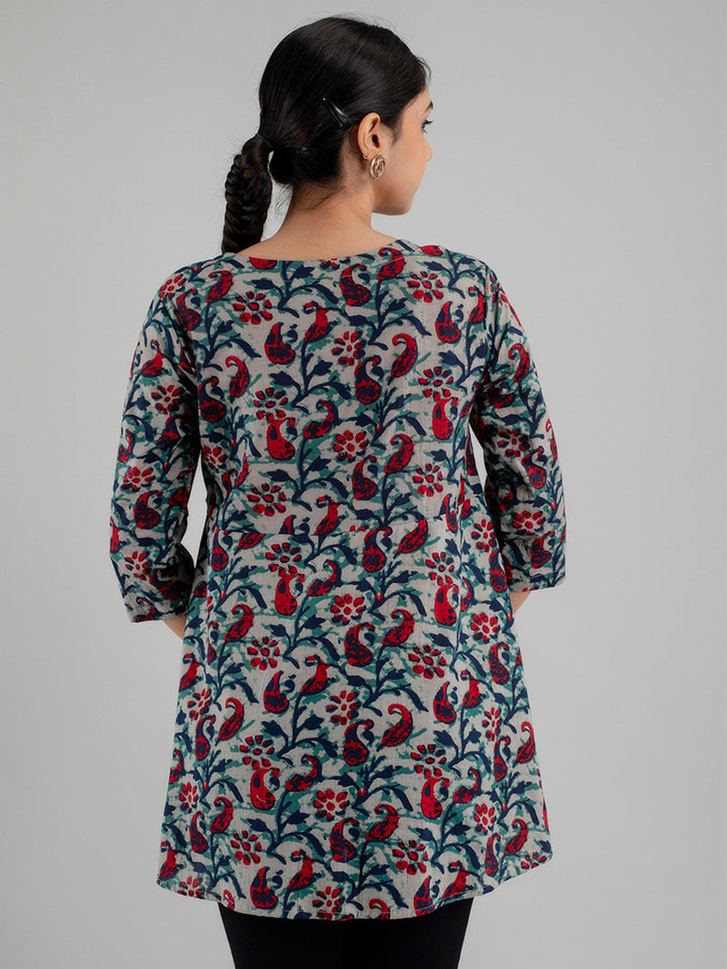 Floral Printed V-Neck Pure Cotton Angrakha A-Line Kurti