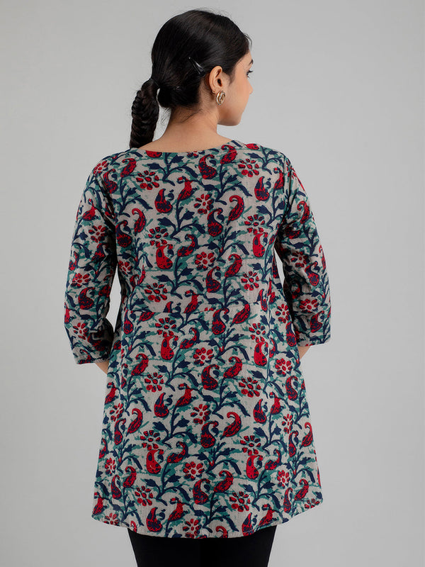 Floral Printed V-Neck Pure Cotton Angrakha A-Line Kurti