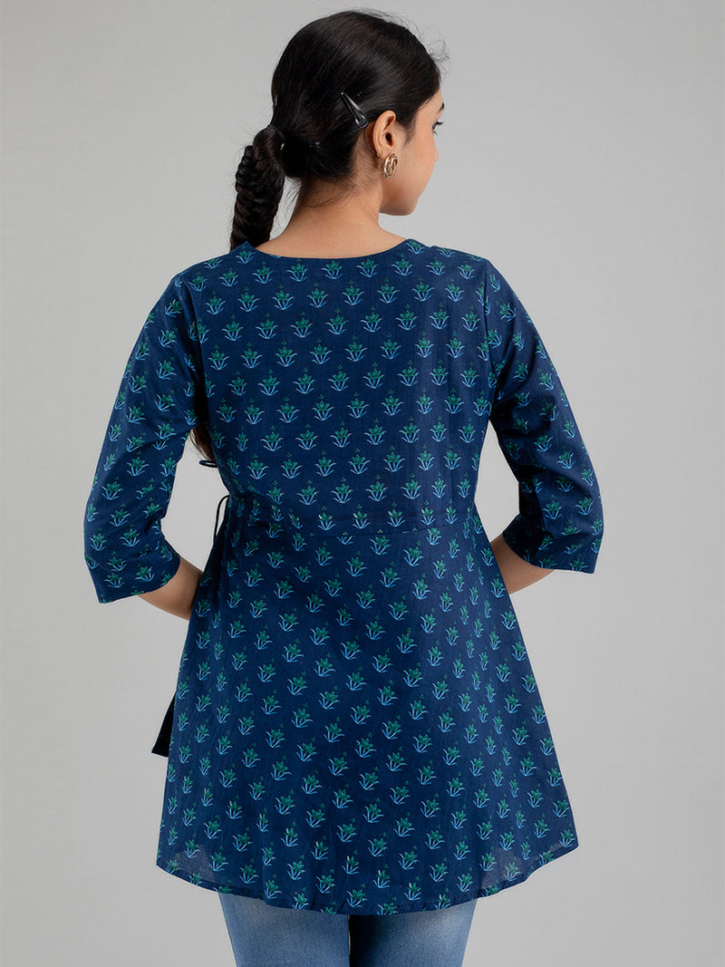Floral Printed V-Neck Pure Cotton Angrakha A-Line Kurti
