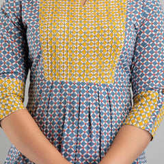 Women Blue Cotton Printed A-Line Kurti