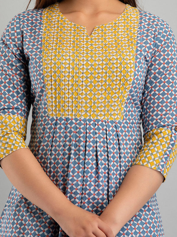 Women Blue Cotton Printed A-Line Kurti