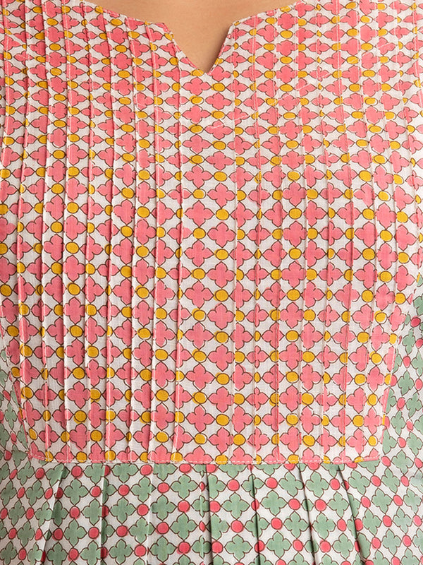 Women Green Cotton Printed A-Line Kurti