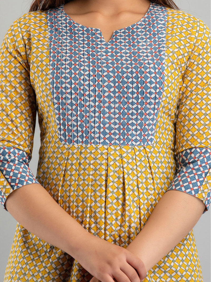 Women Yellow Cotton Printed A-Line Kurti