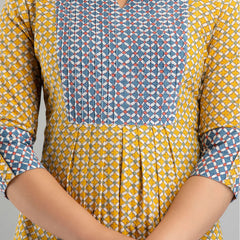 Women Yellow Cotton Printed A-Line Kurti