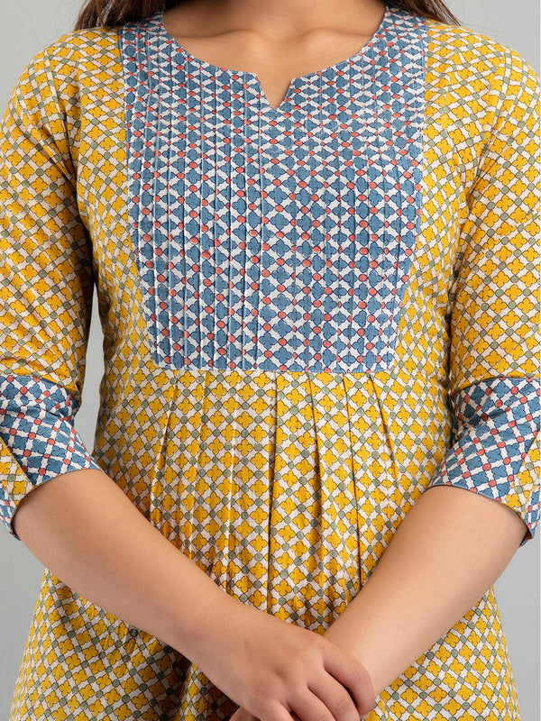 Women Yellow Cotton Printed A-Line Kurti