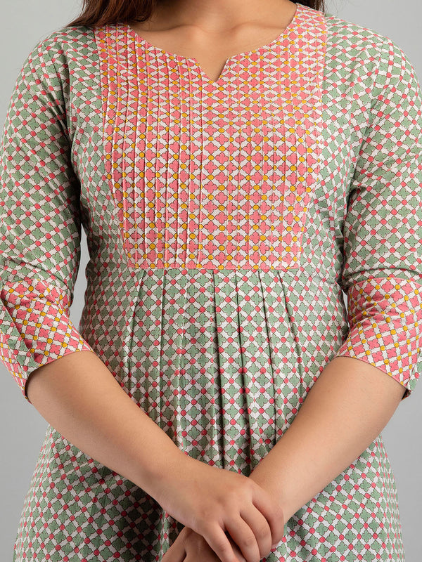 Women Green Cotton Printed A-Line Kurti