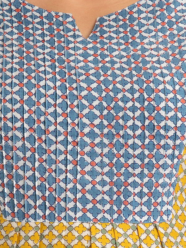 Women Yellow Cotton Printed A-Line Kurti