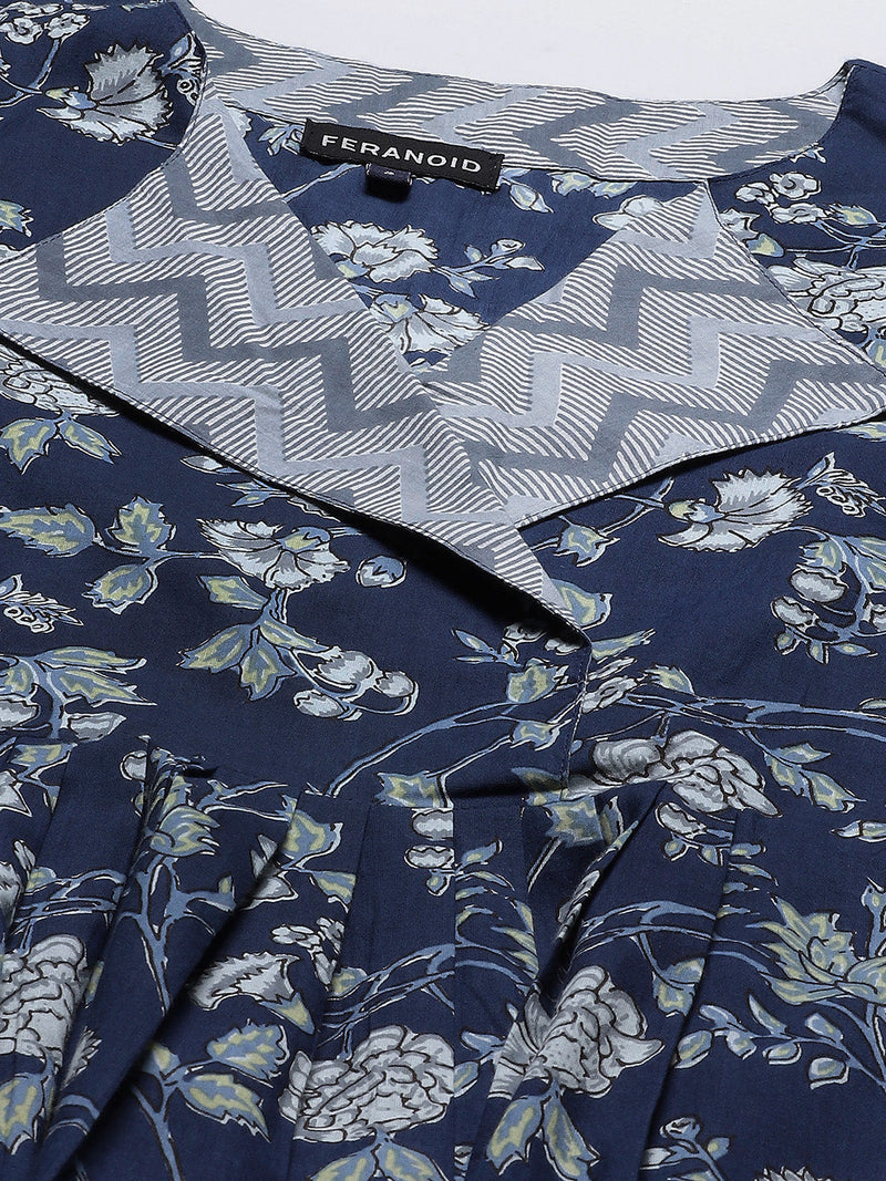 Women Blue & White Collared Printed Flared Kurti