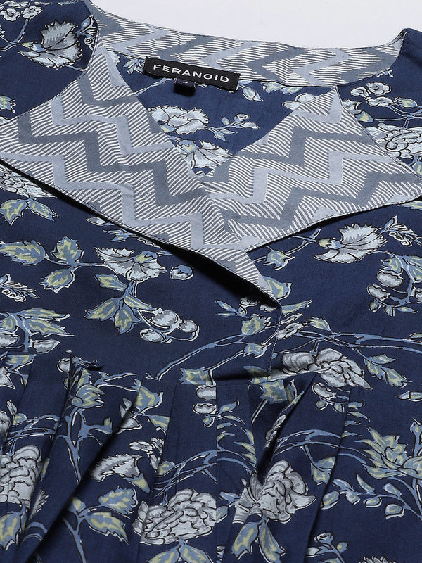 Women Blue & White Collared Printed Flared Kurti