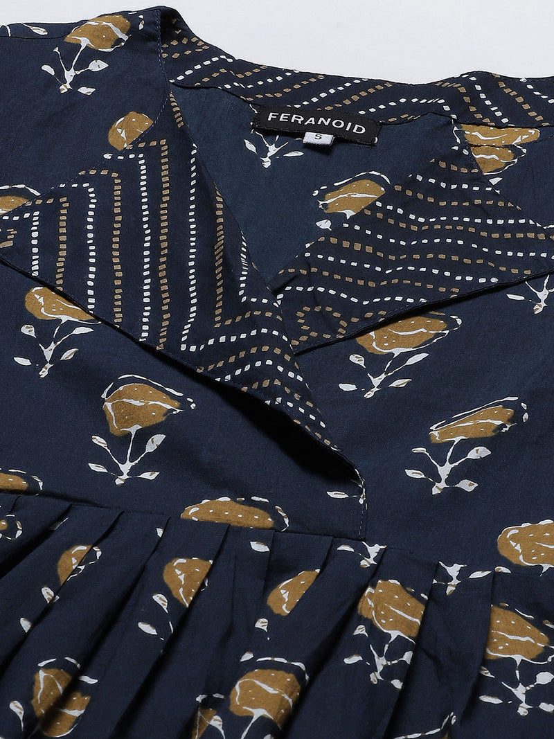 Women Blue & White Collared Printed Flared Kurti