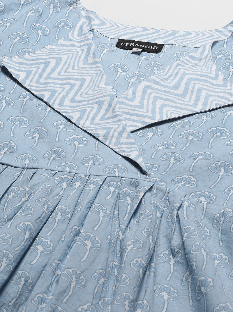Women Light Blue Collared Printed Flared Kurti