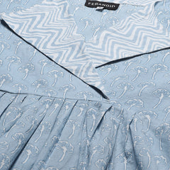 Women Light Blue Collared Printed Flared Kurti
