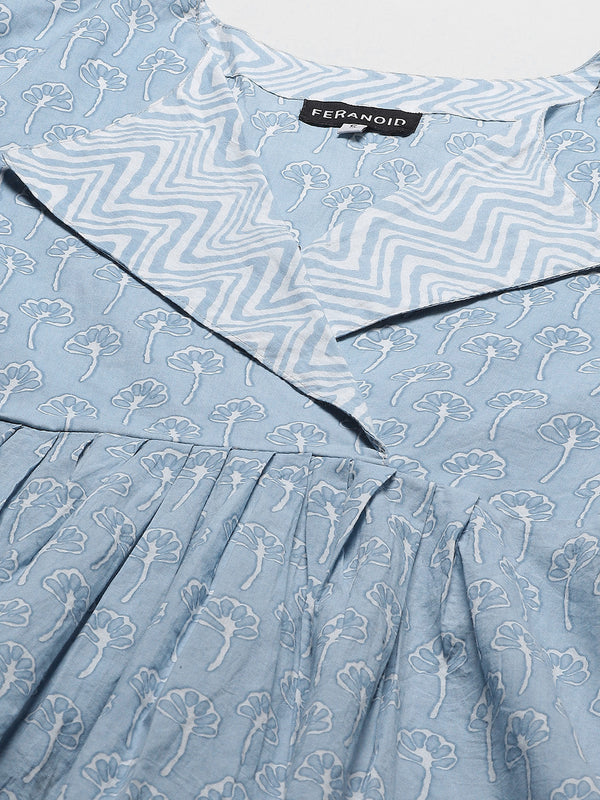 Women Light Blue Collared Printed Flared Kurti