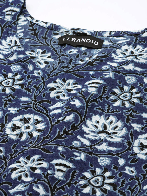 Women Blue Cotton Printed Kaftan