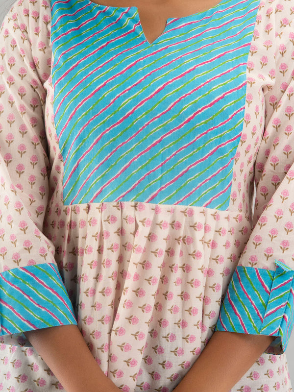 Women White & Pink Cotton Printed A-Line Kurti