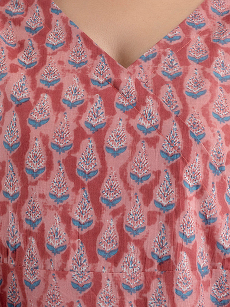 Floral Printed V-Neck Pure Cotton Angrakha A-Line Kurti