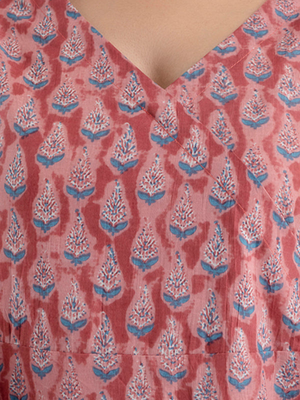 Floral Printed V-Neck Pure Cotton Angrakha A-Line Kurti