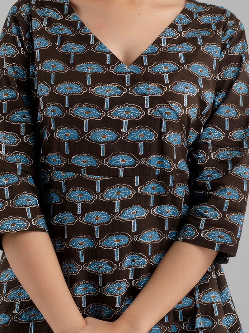 Floral Printed V-Neck Pure Cotton Angrakha A-Line Kurti