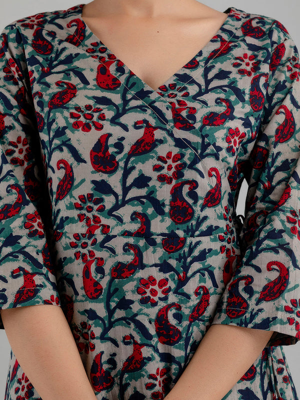 Floral Printed V-Neck Pure Cotton Angrakha A-Line Kurti