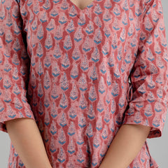 Floral Printed V-Neck Pure Cotton Angrakha A-Line Kurti
