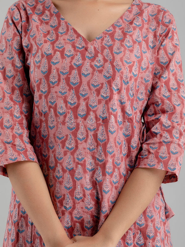 Floral Printed V-Neck Pure Cotton Angrakha A-Line Kurti