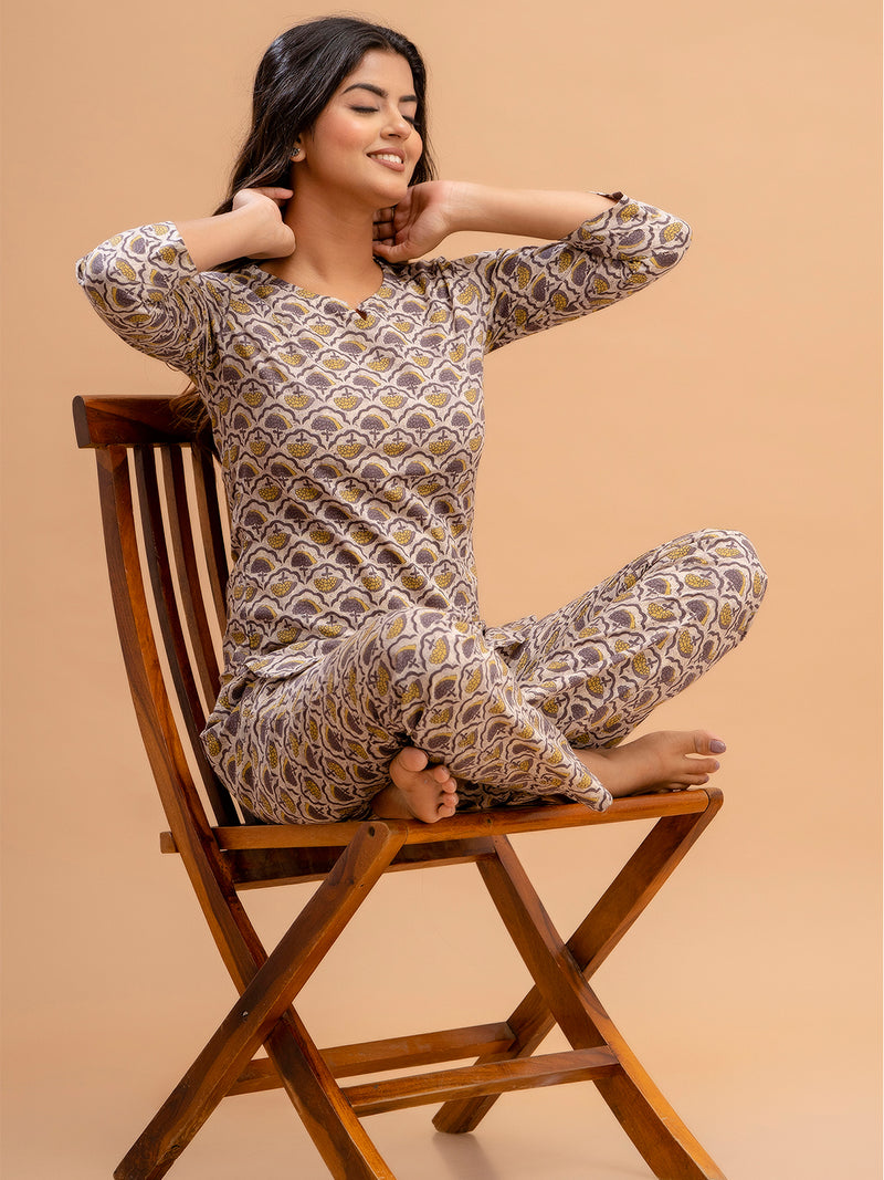 Purple Printed Cotton Night Suit with V-Neck Kurti & Ankle-Length Pants