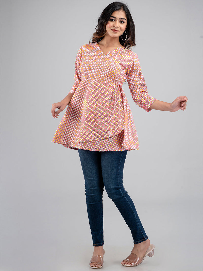 Women Pink Cotton Printed Short Kurti