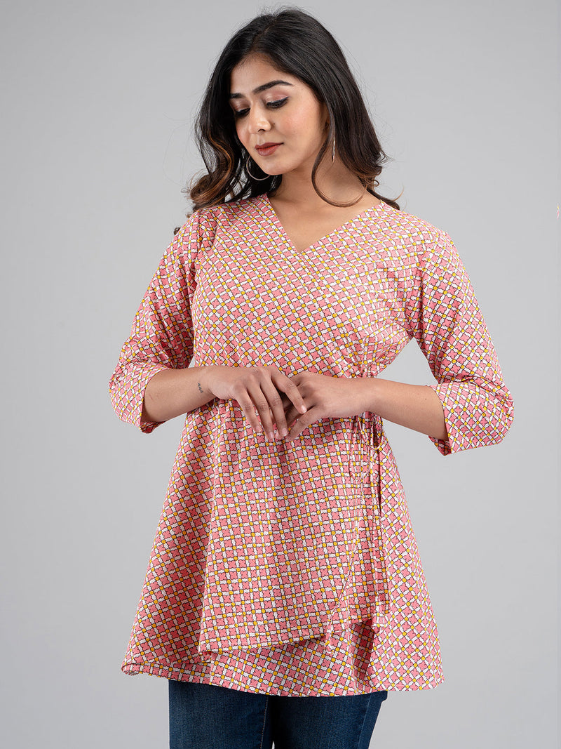 Women Pink Cotton Printed Short Kurti