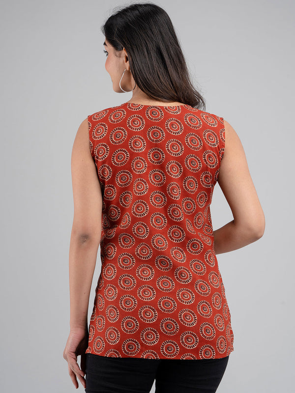 Cotton Printed Rust Sleeveless Top