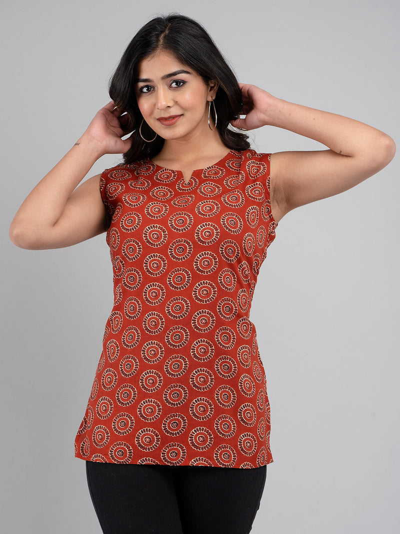 Cotton Printed Rust Sleeveless Top