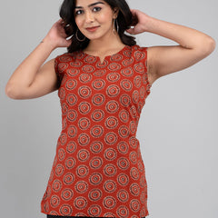 Cotton Printed Rust Sleeveless Top