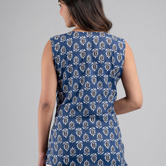 Cotton Printed Blue Sleeveless Top