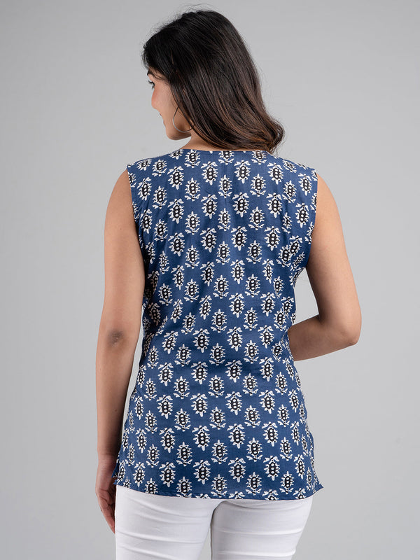 Cotton Printed Blue Sleeveless Top