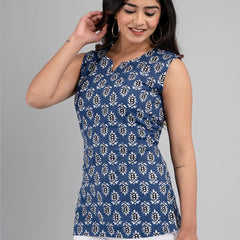 Cotton Printed Blue Sleeveless Top