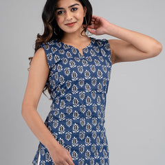 Cotton Printed Blue Sleeveless Top