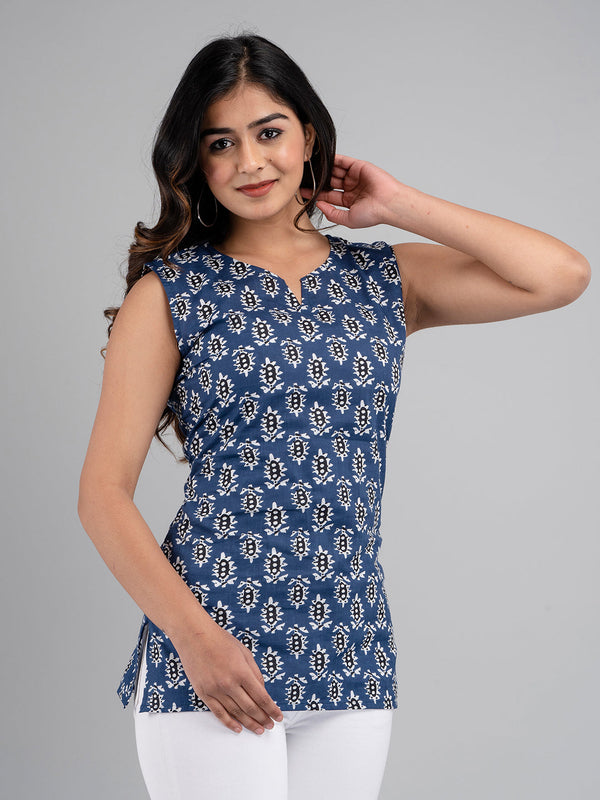 Cotton Printed Blue Sleeveless Top