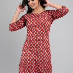 Women Printed Red Straight Fit Short Kurti