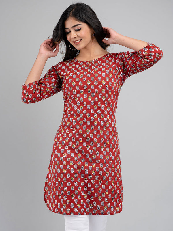Women Printed Red Straight Fit Short Kurti