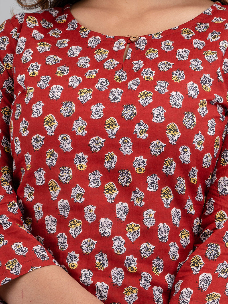 Women Printed Red Straight Fit Short Kurti